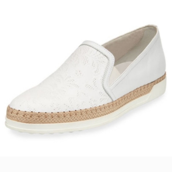 Tod's Espadrille Loafers White Floral Lace Embossed Leather Round Toe Slip On